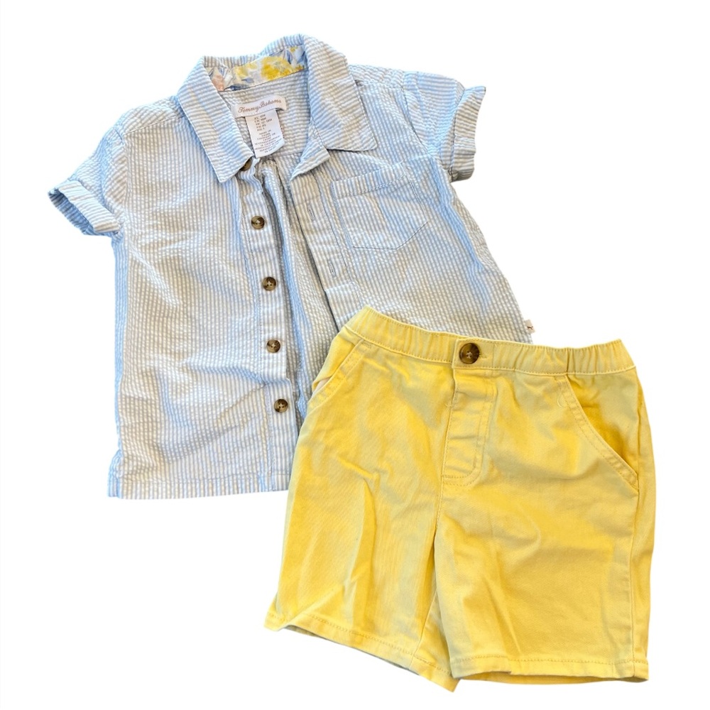TOMMY BAHAMA Baby 2pc Summer Outfit, Seersucker Shirt‎ w/ Yellow Shorts, 18m